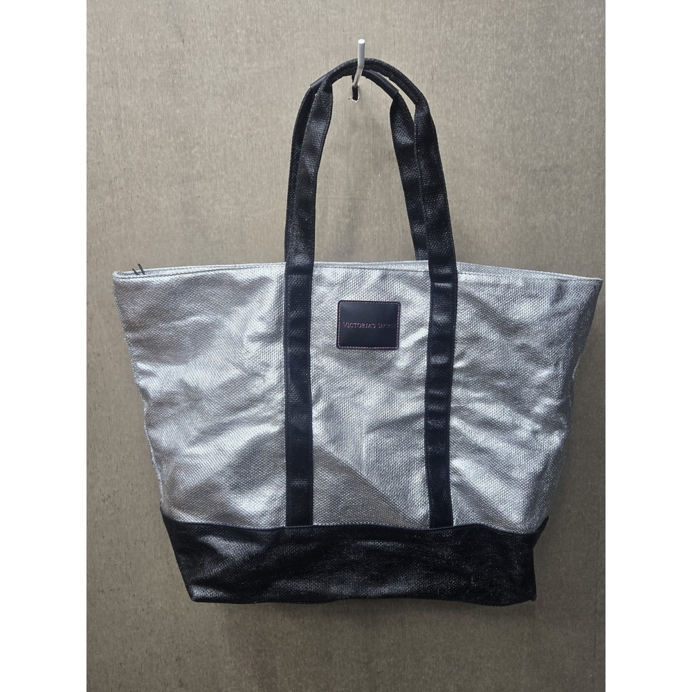 Victoria's Secret Large Silver Metallic Tote Bag Black Trim Zip‎ Top Shopper...
